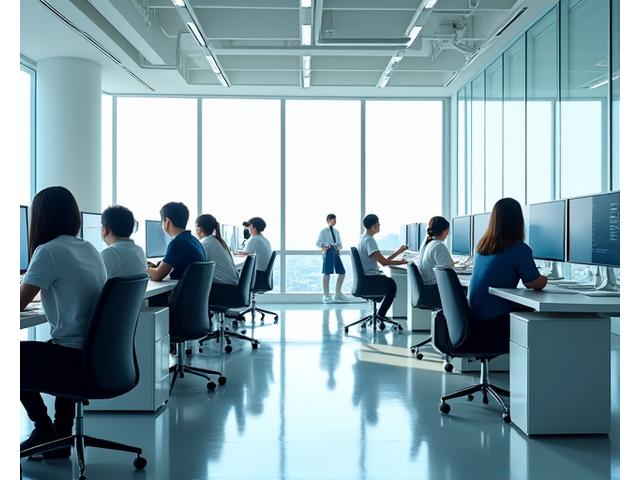 Daejeon Rhythm의 현대적인 사무실에서 활기차게 협업하는 팀원들의 모습